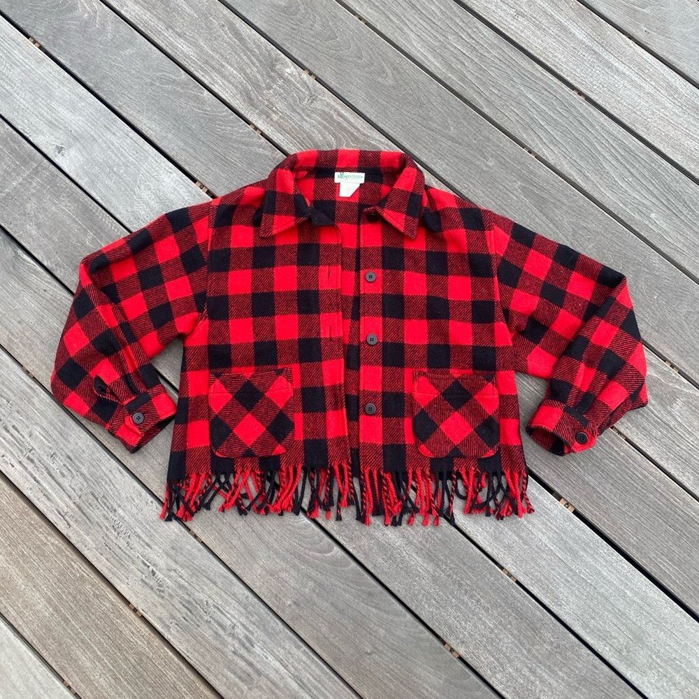 90s Vtg Plaid Wool Fringe Lumberjack Jacket XS Small Women Red Black Sportables